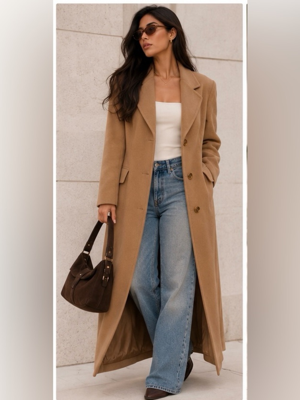 Long Camel Wool-Blend Coat with Button Front